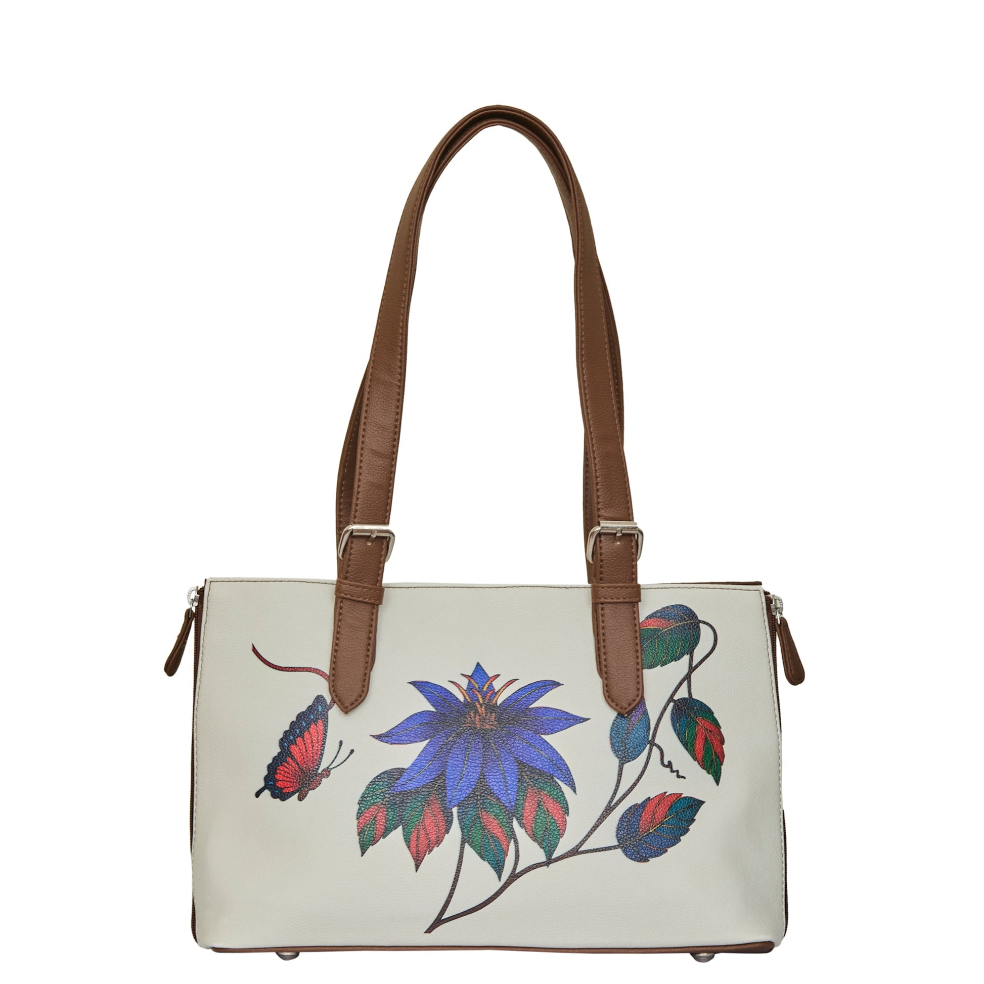 Women's vegan leather floral print shoulder tote bag for work, travel and everyday use