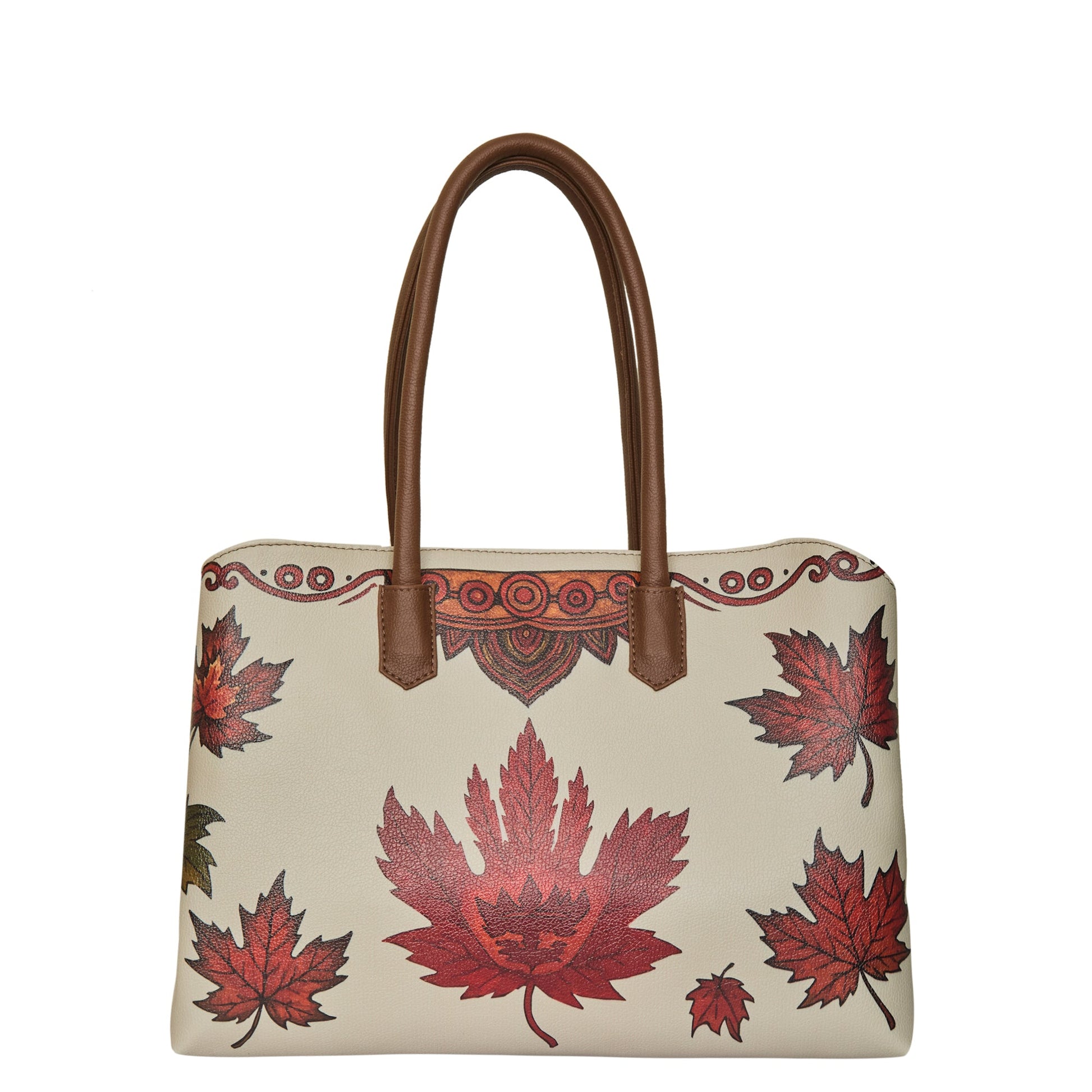 Women's vegan leather maple leaf print carryall tote bag with spacious compartments for work, travel and everyday use