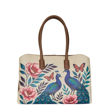 Women’s Peacock Hand Printed Vegan Leather Wholesale Carryall Tote – Stylish Shoulder & Top Handle Bag for Everyday Use