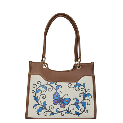 Women’s vegan leather satchel crossbody bag with hand‑painted butterfly artwork
