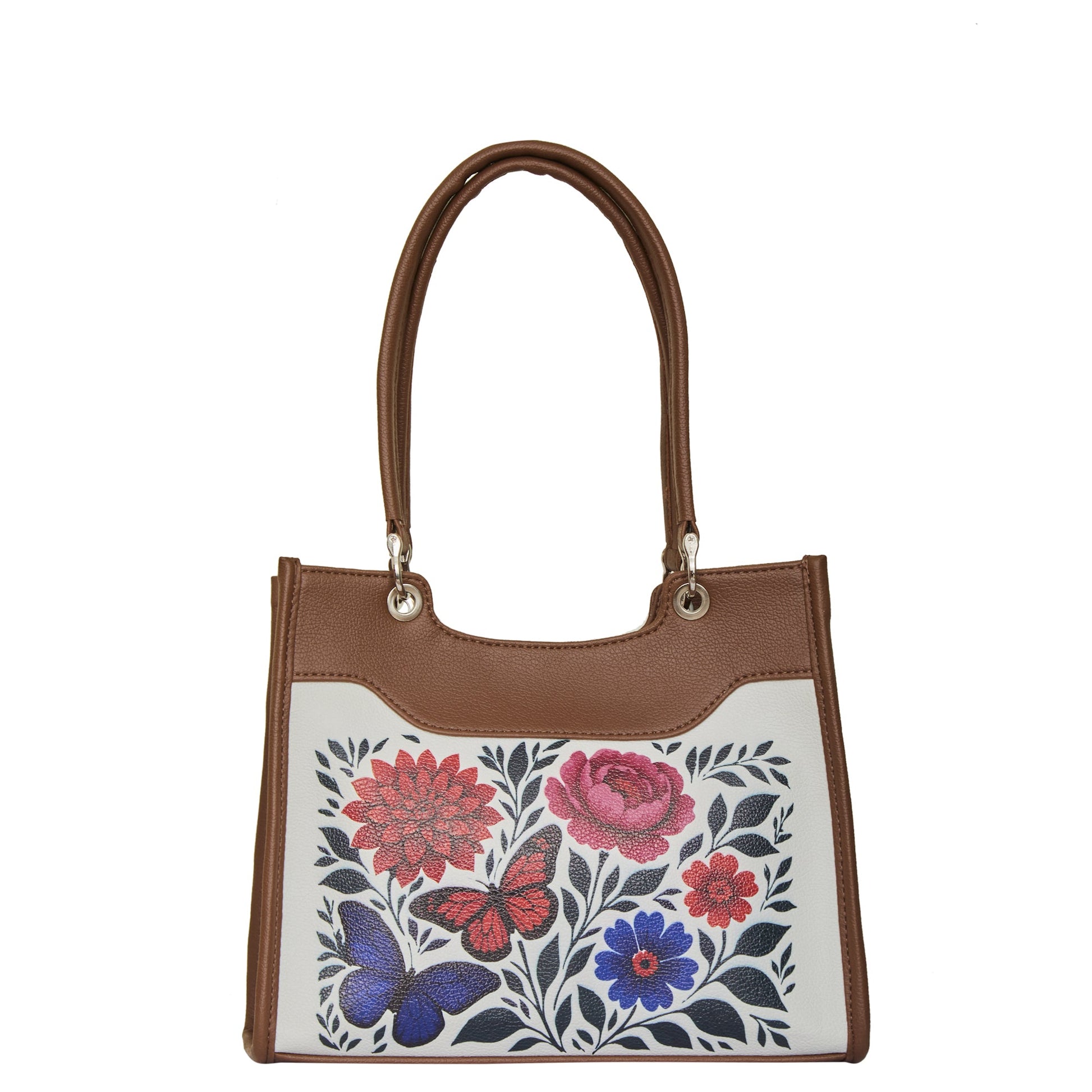 Women’s vegan leather satchel crossbody bag with hand‑painted flowers artwork