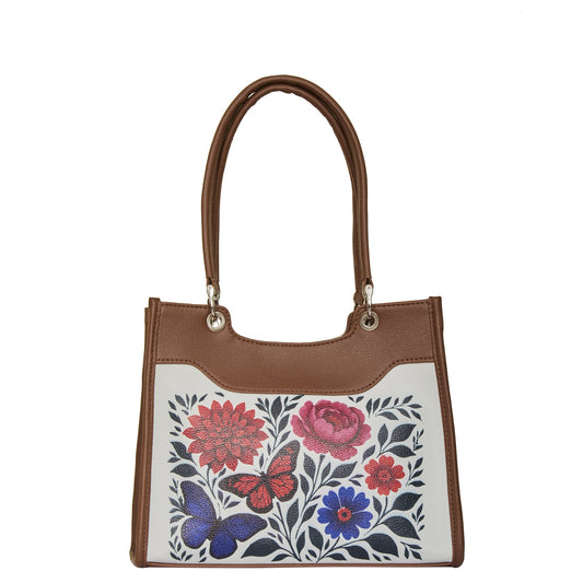 Flowers Hand Printed Women’s Wholesale Vegan Leather Satchel Handbag – Vegan Shoulder & Top Handle Bag – Office, Work, Travel & Daily Use