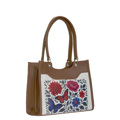 Flowers Hand Printed Women’s Wholesale Vegan Leather Satchel Handbag – Vegan Shoulder & Top Handle Bag – Office, Work, Travel & Daily Use