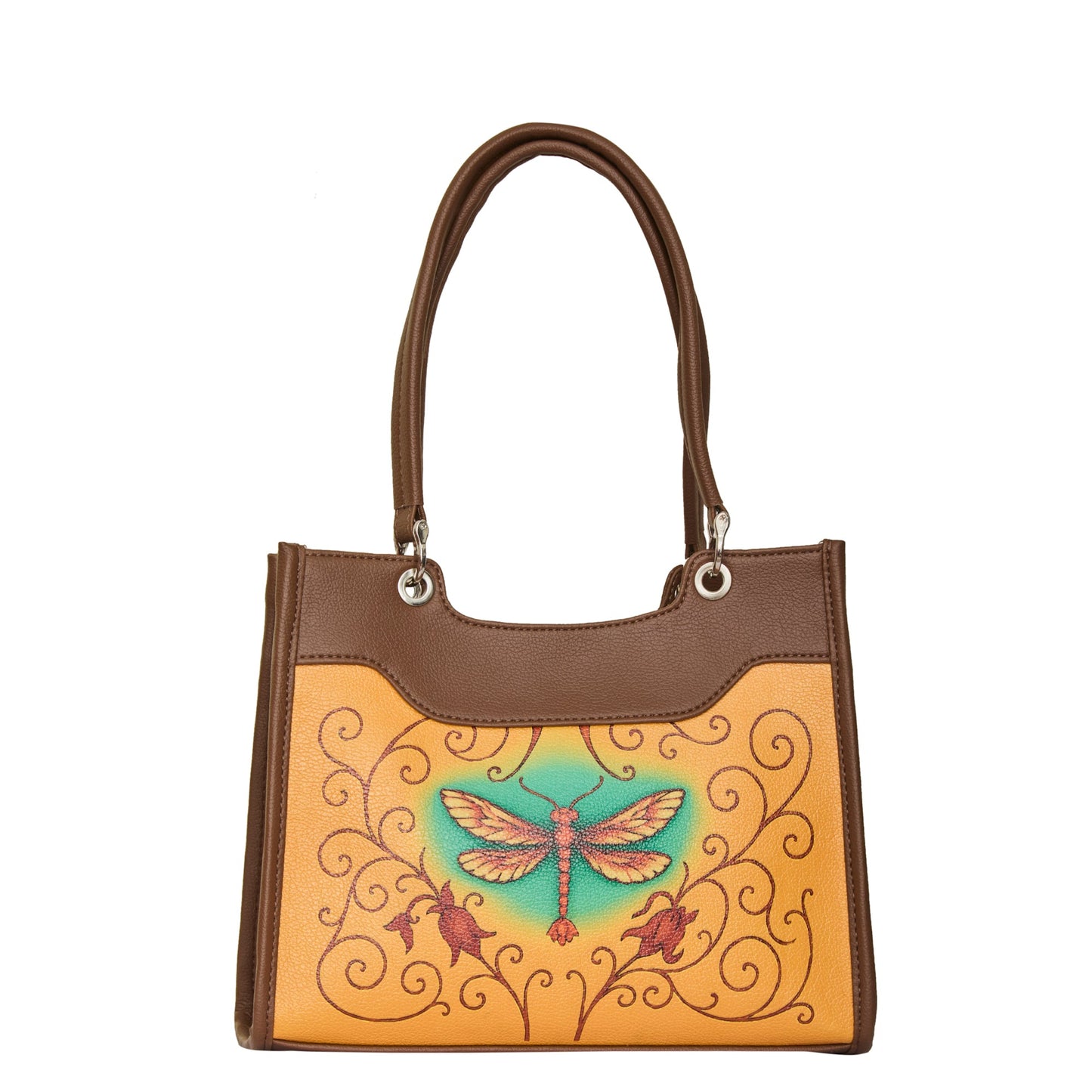 Women’s vegan leather satchel crossbody bag with hand‑painted dragonfly artwork