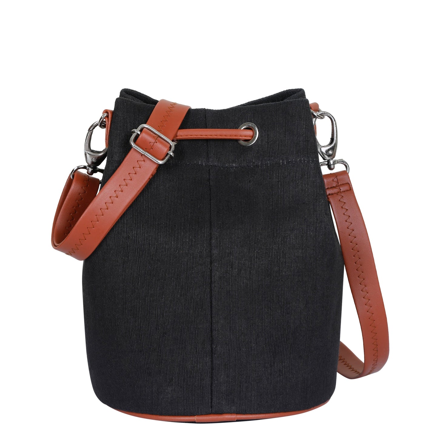 Wholesale  Black Canvas Bucket Crossbody Sling  with Vegan Leather