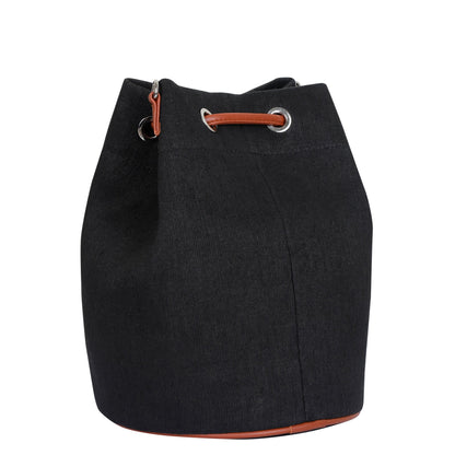 Wholesale  Black Canvas Bucket Crossbody Sling  with Vegan Leather