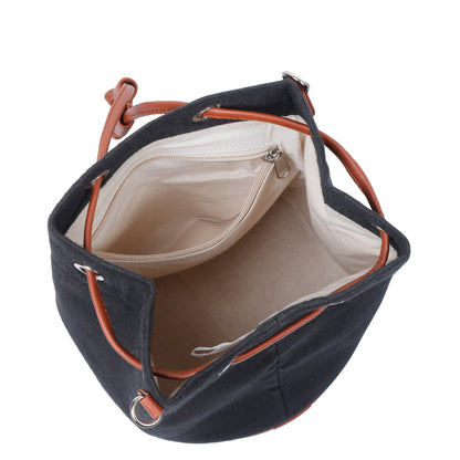Wholesale  Black Canvas Bucket Crossbody Sling  with Vegan Leather