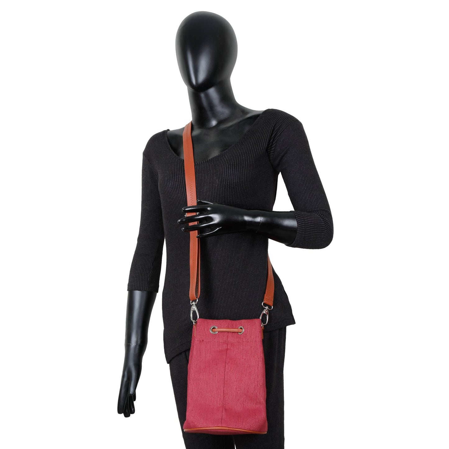 Wholesale  Pink Fabric Bucket Crossbody Sling bag  with Vegan Leather
