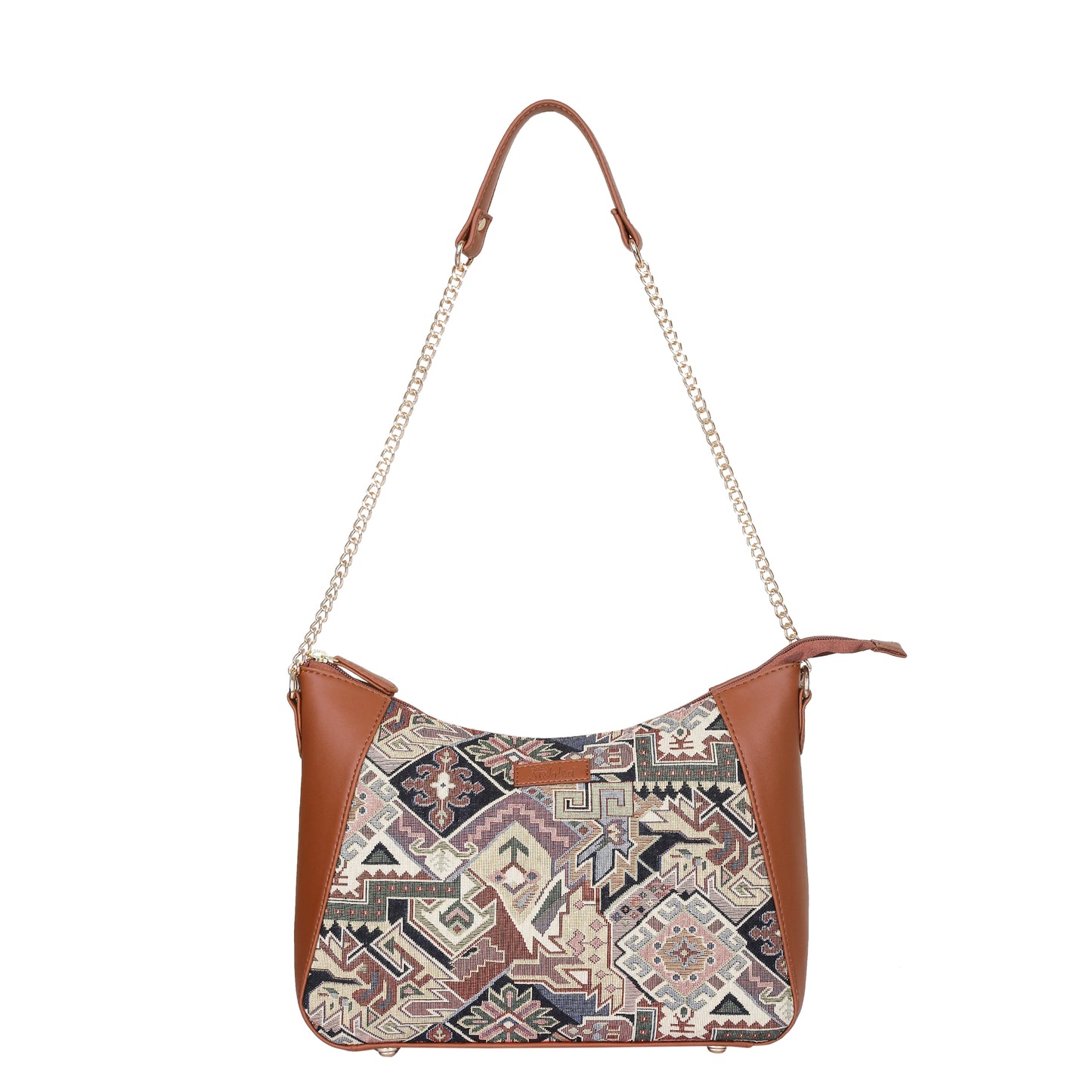 Geometric Design Tapestry Hobo Bag | Stylish vegan leather-Trimmed Shoulder & Satchel Bag with Chain Strap for Office & Outings