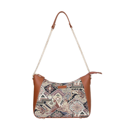 Geometric Design Tapestry Hobo Bag | Stylish vegan leather-Trimmed Shoulder & Satchel Bag with Chain Strap for Office & Outings