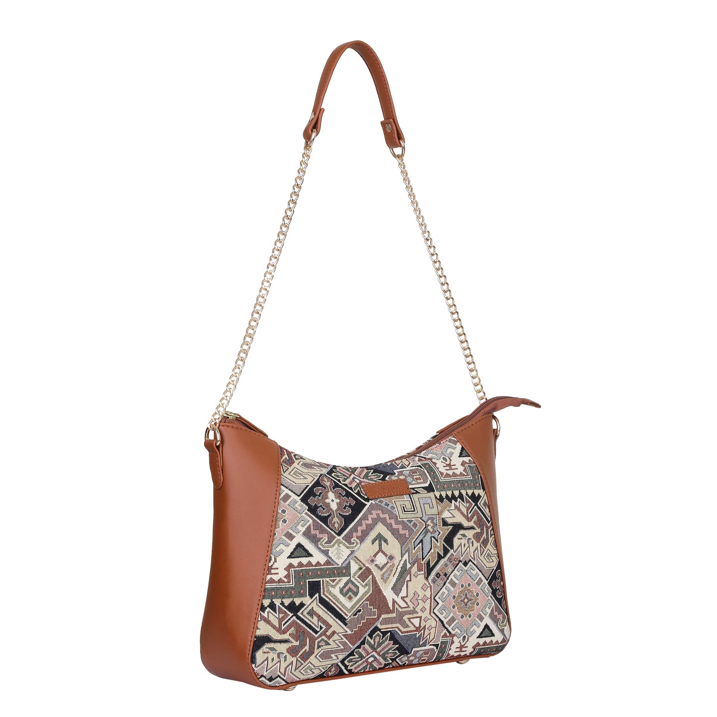Geometric Design Tapestry Hobo Bag | Stylish vegan leather-Trimmed Shoulder & Satchel Bag with Chain Strap for Office & Outings