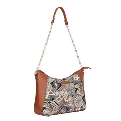 Geometric Design Tapestry Hobo Bag | Stylish vegan leather-Trimmed Shoulder & Satchel Bag with Chain Strap for Office & Outings