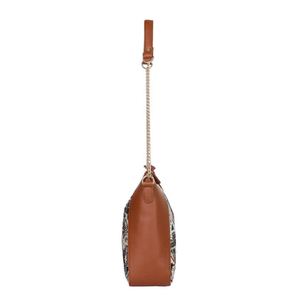 Geometric Design Tapestry Hobo Bag | Stylish vegan leather-Trimmed Shoulder & Satchel Bag with Chain Strap for Office & Outings