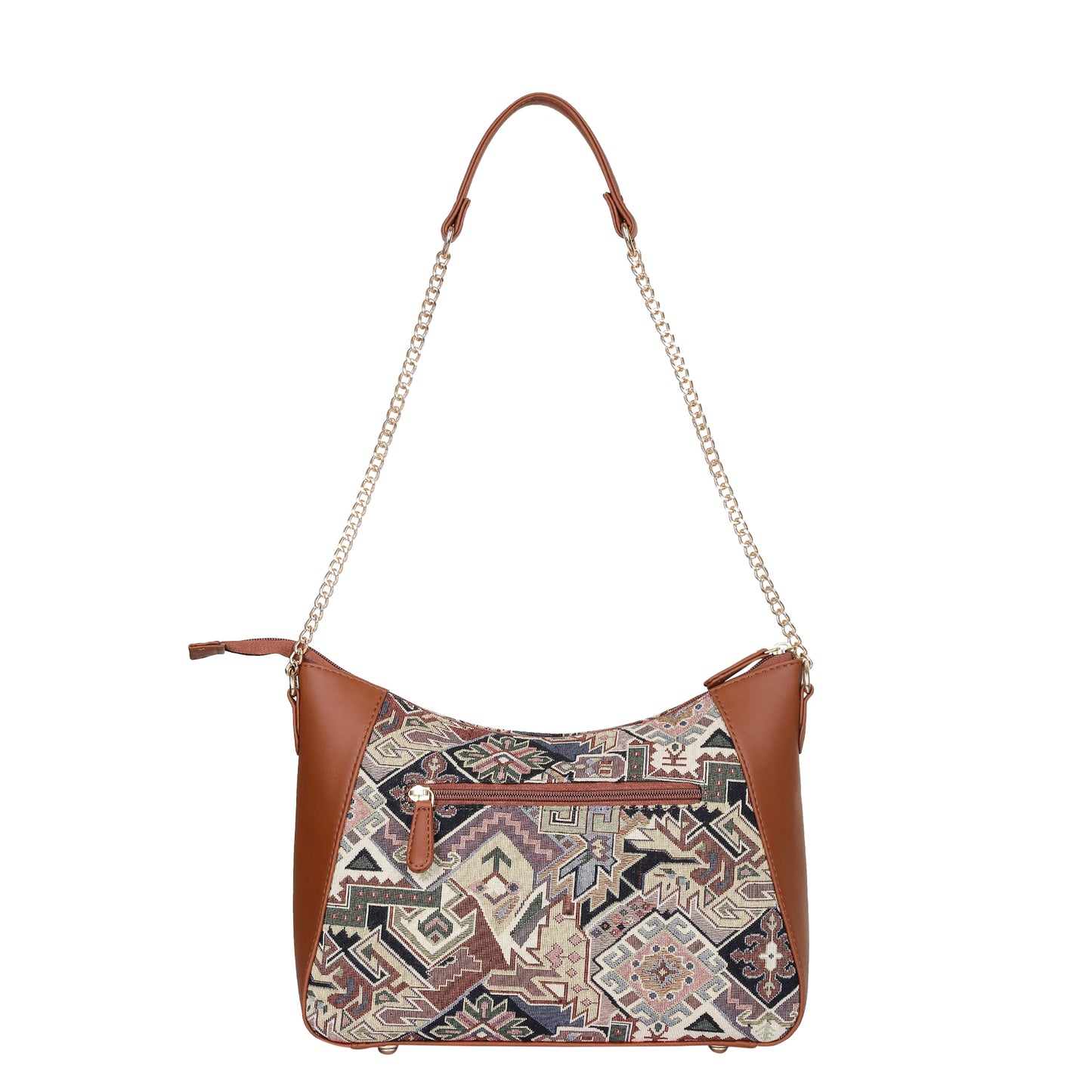 Geometric Design Tapestry Hobo Bag | Stylish vegan leather-Trimmed Shoulder & Satchel Bag with Chain Strap for Office & Outings