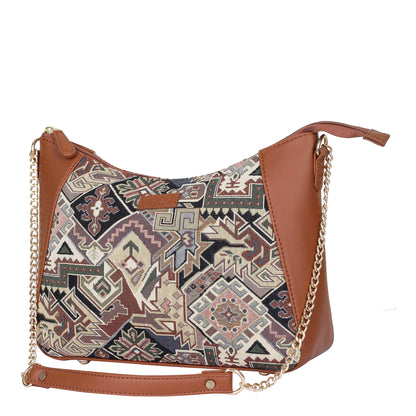 Geometric Design Tapestry Hobo Bag | Stylish vegan leather-Trimmed Shoulder & Satchel Bag with Chain Strap for Office & Outings