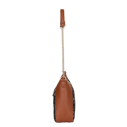 Women's Hobo Bag in Vintage Pattern Tapestry Fabric | vegan leather-Trimmed Shoulder & Sling Purse with Chain and vegan leather Strap