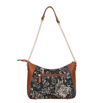 Women's Hobo Bag in Vintage Pattern Tapestry Fabric | vegan leather-Trimmed Shoulder & Sling Purse with Chain and vegan leather Strap