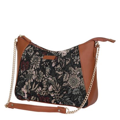 Women's Hobo Bag in Vintage Pattern Tapestry Fabric | vegan leather-Trimmed Shoulder & Sling Purse with Chain and vegan leather Strap