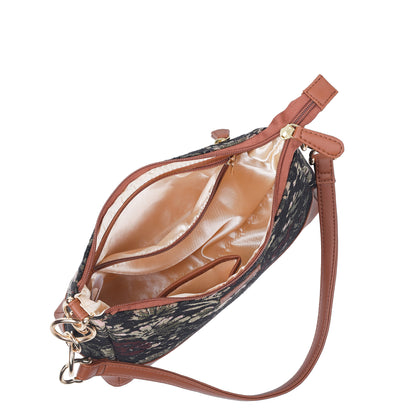 Women Vintage Tapestry Shoulder Bag – Vegan Leather - Trimmed Tote Sling Satchel Purse