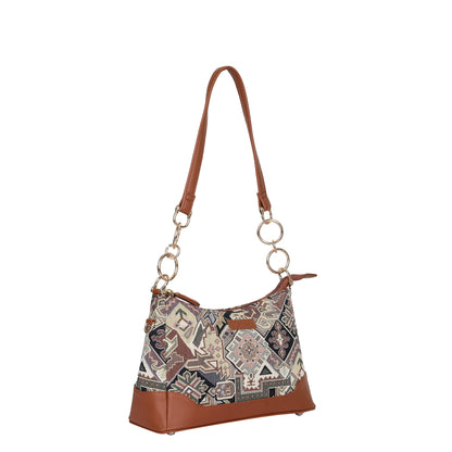 Geometric Tapestry Shoulder Bag for Women – Elegant Tote Sling Satchel Purse with Vegan Leather Handle