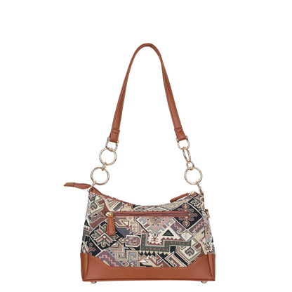 Geometric Tapestry Shoulder Bag for Women – Elegant Tote Sling Satchel Purse with Vegan Leather Handle