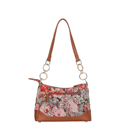 Floral Pattern Tapestry Shoulder Bag for Women – Stylish Tote Sling Satchel Purse with Vegan leather Trim