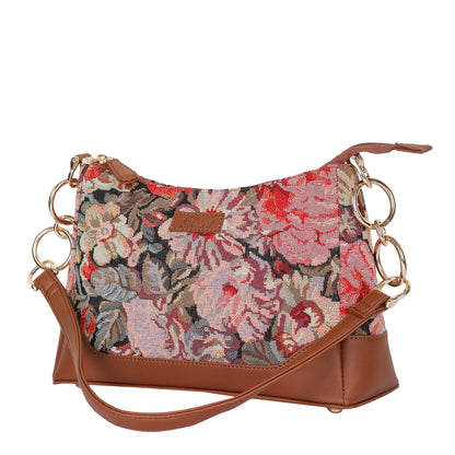 Floral Pattern Tapestry Shoulder Bag for Women – Stylish Tote Sling Satchel Purse with Vegan leather Trim