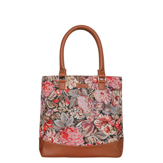 Wholesale Women Floral Tapestry Tote Bag – Vegan Leather trimmed Shoulder Purse with Top Handle
