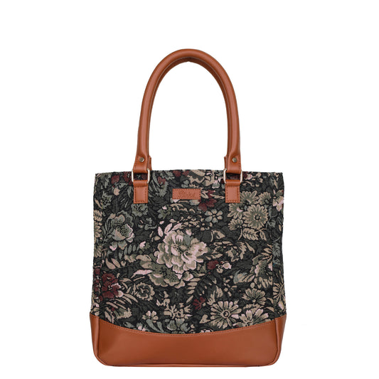 Women Vintage Tapestry Tote Bag – Vegan Leather-Trimmed Top Handle Shoulder Handbag for Daily Use, Office & Travel