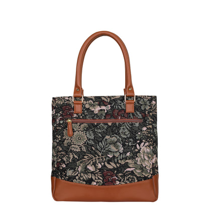 Women Vintage Tapestry Tote Bag – Vegan Leather-Trimmed Top Handle Shoulder Handbag for Daily Use, Office & Travel