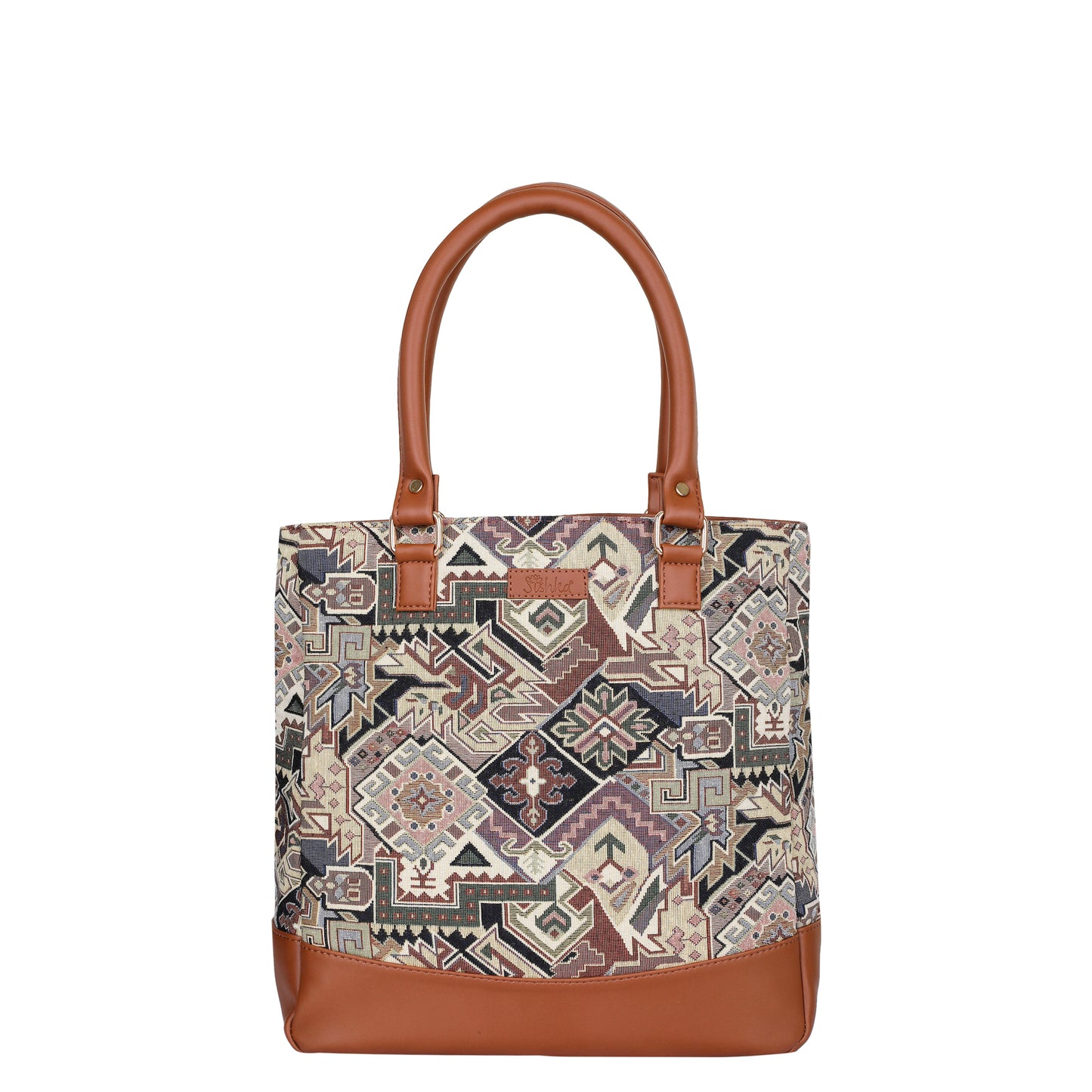 Wholesale Geometric Tapestry Tote Bag for Women – Vegan Leather Trimmed Shoulder Purse for Daily Use & Work