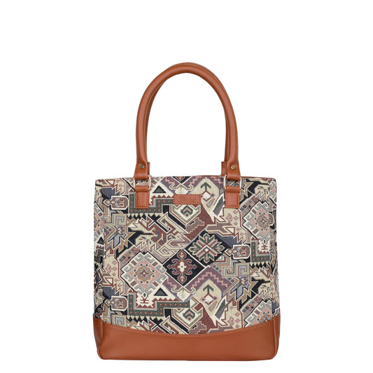 Wholesale Geometric Tapestry Tote Bag for Women – Vegan Leather Trimmed Shoulder Purse for Daily Use & Work
