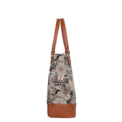 Wholesale Geometric Tapestry Tote Bag for Women – Vegan Leather Trimmed Shoulder Purse for Daily Use & Work