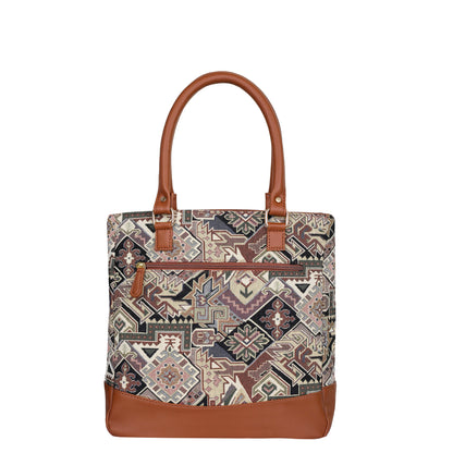 Wholesale Geometric Tapestry Tote Bag for Women – Vegan Leather Trimmed Shoulder Purse for Daily Use & Work