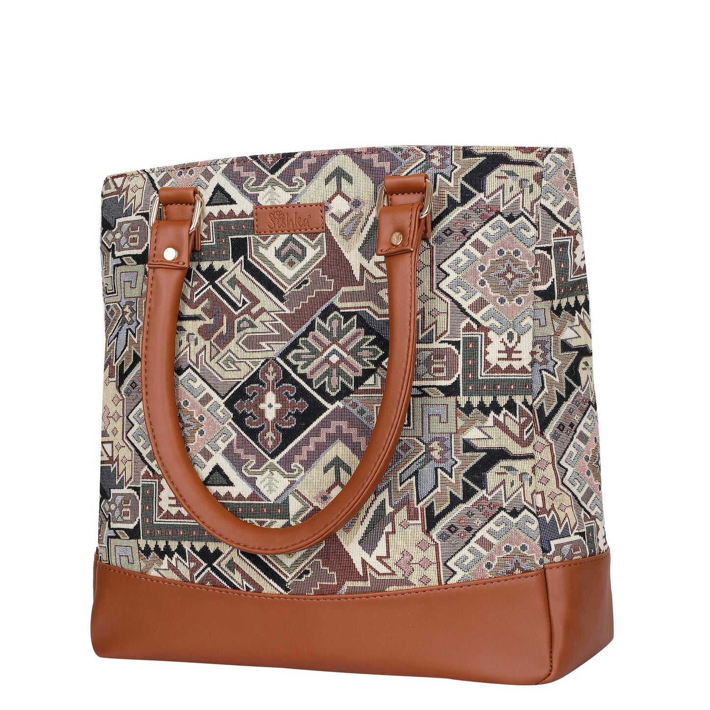 Wholesale Geometric Tapestry Tote Bag for Women – Vegan Leather Trimmed Shoulder Purse for Daily Use & Work