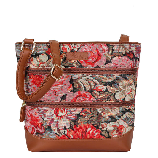 Floral Tapestry Crossbody Sling Bag – Women’s Shoulder & Messenger Purse with Vegan Leather Trim
