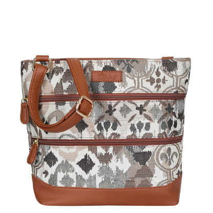 Women’s Abstract Design Tapestry Crossbody Sling Bag – Shoulder & Messenger Purse with Vegan Leather Trim