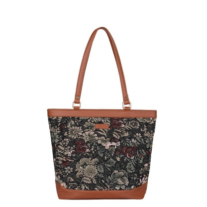Women Vintage Tapestry Tote Bag – vegan leather-Trimmed Top Handle Shoulder Handbag for Office