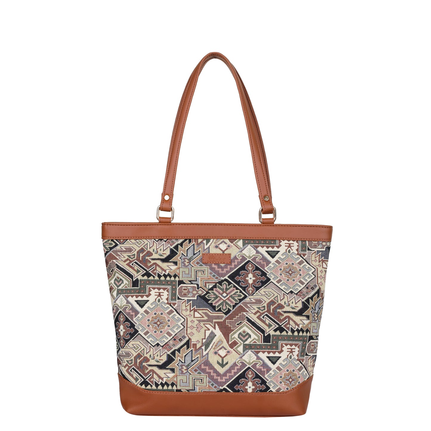 Women Geometric Tapestry Tote Bag – Elegant vegan leather-Trimmed Shoulder Purse with Top Handle