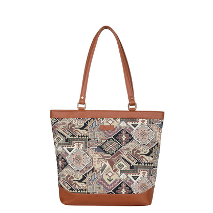 Women Geometric Tapestry Tote Bag – Elegant vegan leather-Trimmed Shoulder Purse with Top Handle