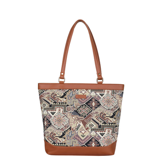 Women Geometric Tapestry Tote Bag – Elegant vegan leather-Trimmed Shoulder Purse with Top Handle