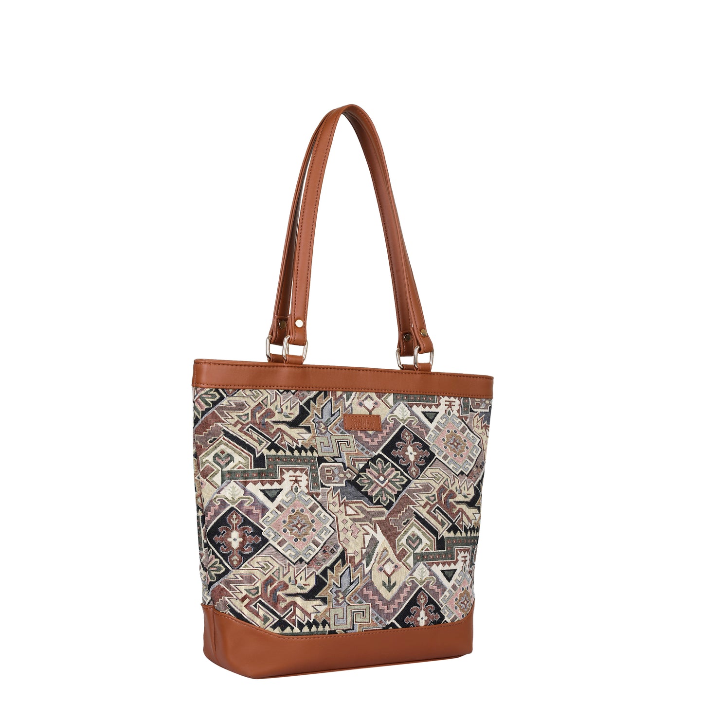 Women Geometric Tapestry Tote Bag – Elegant vegan leather-Trimmed Shoulder Purse with Top Handle