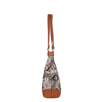 Women Geometric Tapestry Tote Bag – Elegant vegan leather-Trimmed Shoulder Purse with Top Handle