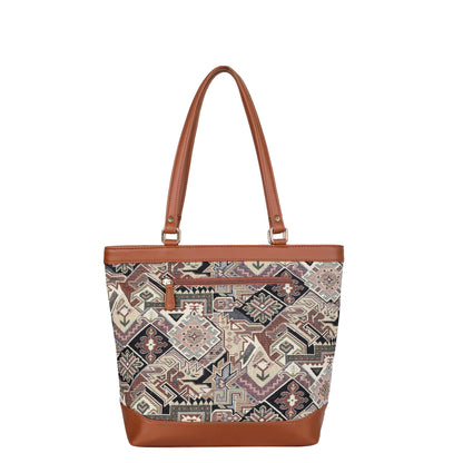 Women Geometric Tapestry Tote Bag – Elegant vegan leather-Trimmed Shoulder Purse with Top Handle