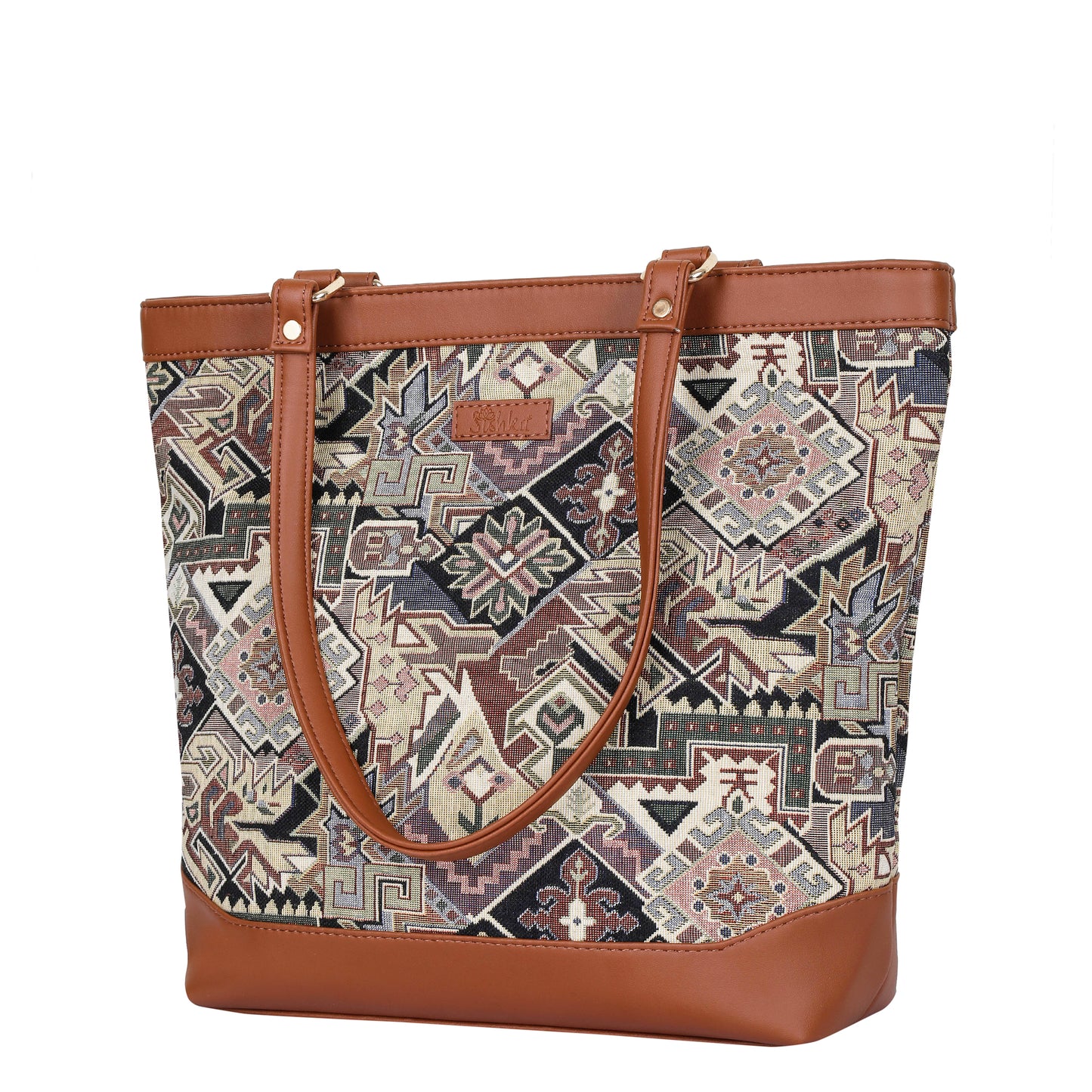 Women Geometric Tapestry Tote Bag – Elegant vegan leather-Trimmed Shoulder Purse with Top Handle
