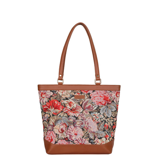 Women Floral Tapestry Tote Bag – Vegan Leather-Trimmed Shoulder Handbag with Top Handle for Daily Use