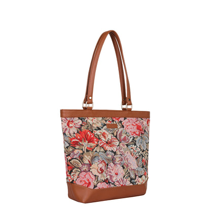 Women Floral Tapestry Tote Bag – Vegan Leather-Trimmed Shoulder Handbag with Top Handle for Daily Use