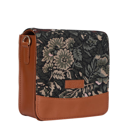 Vintage Tapestry Crossbody Bag – Women Sling Shoulder Purse with Vegan Leather Trim Handle
