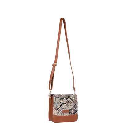 Geometric Tapestry Crossbody Bag – Women Sling Shoulder Purse with Vegan Leather Trim Handle