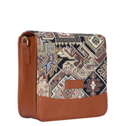 Geometric Tapestry Crossbody Bag – Women Sling Shoulder Purse with Vegan Leather Trim Handle